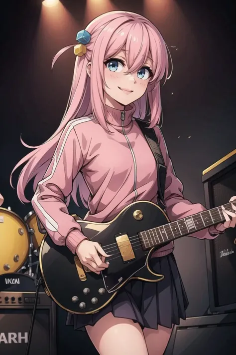 ((masterpiece,best quality)), gotou1, gotou hitori, solo, skirt, pink jacket, track jacket, bangs, hair between eyes, long sleeves, <lora:gotou_hitori_v1:0.7>, stage, holding instrument, guitar, smile,