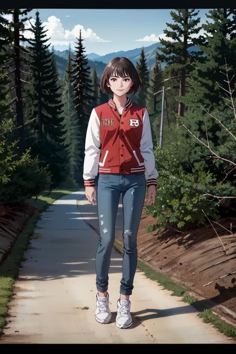 (masterpiece,best quality,absurdres,8k),1girl,sophiemw,short hair,standing,facing viewer,smiling,((arms at sides)),letterman jacket,long sleeves,jeans,denim,full body,outdoors,(in park,pine trees),centered, <lora:SophieMW:0.7>