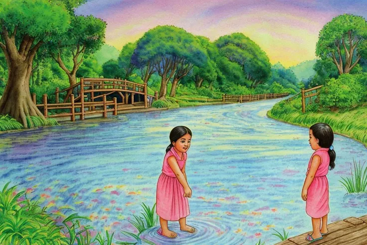 <lora:maneenamastyle:1>maneemana style, Portrait drawing of girl playing , forerst,stream,river,village wooden bridge,forest,lush,sky,pastel,puppy,girl,coloful, sunset, rainbow in sky, thjjp ,<lora:add_saturation:0.7>, <lora:ThJJP01SD032016JJE:1> <lora:nameenamastyle:1>