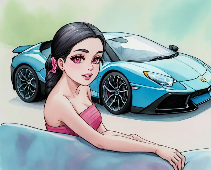 <lora:nameenamastyle:1>maneemana style,Portrait drawing of (pink girl:1.2) in lamborghini aventador, forerst,SuperCar