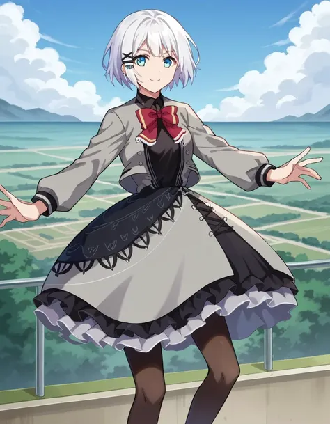 score_9, score_8_up, score_7_up, source_anime,
siesta, <lora:siesta-ponyxl-lora-nochekaiser:1>,
siesta, short hair, bangs, blue eyes, hair ornament, white hair, hairclip, smile,
dress, bow, bowtie, red bow, red bowtie, shirt, long sleeves, jacket, pantyhose, frills, shoes, grey jacket, open clothes, black shirt,
outdoors, cityscape,
looking at viewer, cowboy shot, dynamic pose,