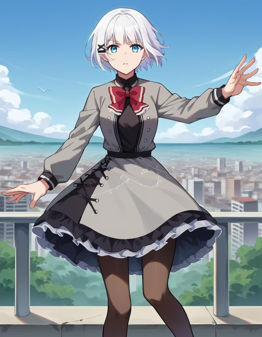 A woman in a dress and bow tie standing on a balcony - SeaArt AI