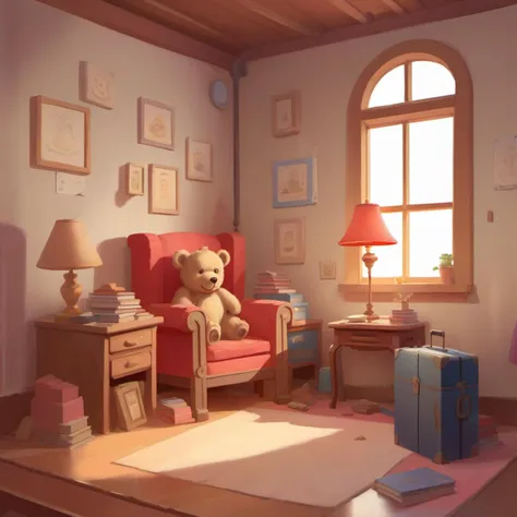 a teddy bear sitting on a chair next to suitcases and a lamp in a room with a skylight, Cedric Seaut (Keos Masons), storybook illustration, a storybook illustration, fantasy arta house,simple background,white background,<lora:changjingyuanhua:1>,