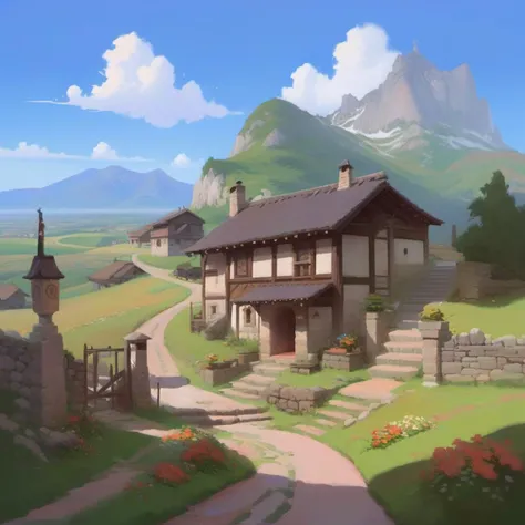 a painting of a village with a path leading to a mountain range in the background and a path leading to a house, Andreas Rocha, cushart krenz, a detailed matte painting, american scene painting, flowers,a house,simple background,white background,<lora:changjingyuanhua:1>,