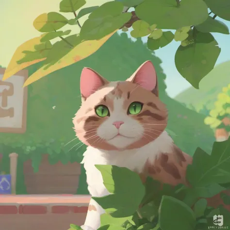 clpstyle,no humans,green eyes,cat,animal focus,leaf,blush,:3,animal,closed mouth,plant,foliage,outdoors,solo,looking at viewer,whiskers,sunlight,smile,<lora:changjingyuanhua:1>,