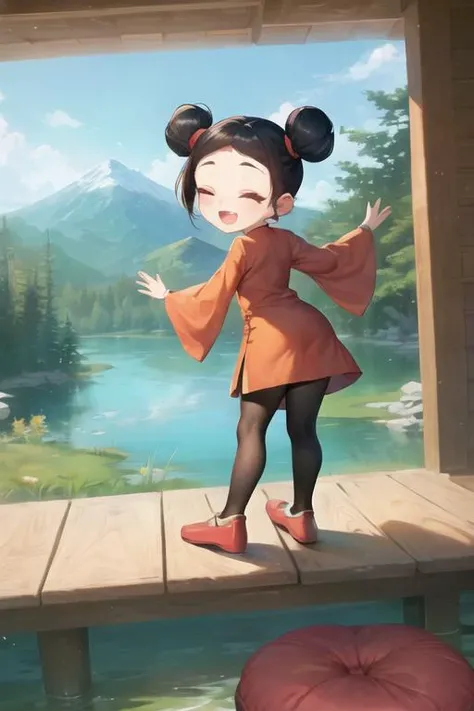 chibi, pucca, double bun, red dress, chinese clothes, black pantyhose,closed eyes, :d, mountain, river, forest <lora:pucca-000003:1>