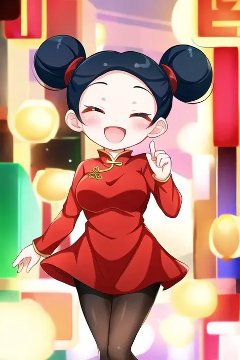 chibi, pucca, double bun, red dress, chinese clothes, black pantyhose,closed eyes, :d, city <lora:pucca-000003:1>