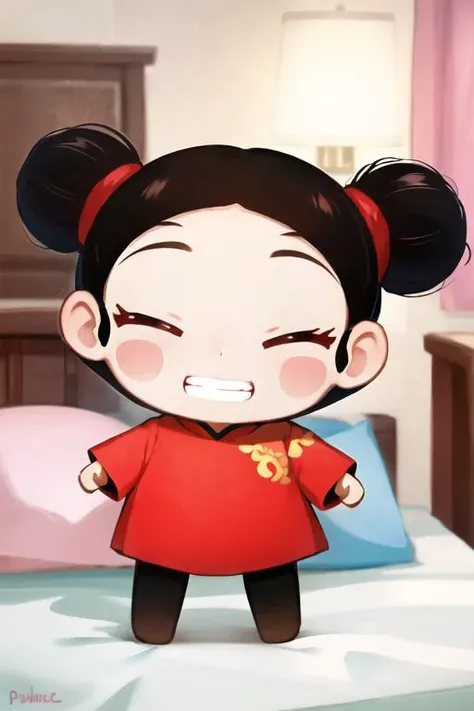 chibi, pucca, double bun, red dress, chinese clothes, black pantyhose,closed eyes, smile, clenched teeth, bedroom <lora:pucca-000003:1>