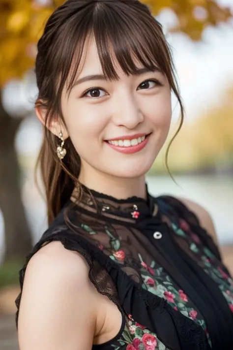1girl,(wearing a blouse:1.2),(RAW photo, best quality), (realistic, photo-realistic:1.4), masterpiece, an extremely delicate and beautiful, extremely detailed, 2k wallpaper, Amazing, finely detail, extremely detailed CG unity 8k wallpaper, ultra-detailed, highres, soft light, beautiful detailed girl, extremely detailed eyes and face, beautiful detailed nose, beautiful detailed eyes,cinematic lighting,autumn scenery,park,by a lake,perfect anatomy,slender body,smiling  <lora:komatsumikako_lora:0.8>,full body