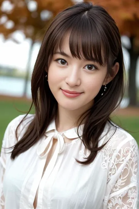 1girl,(wearing a blouse:1.2),(RAW photo, best quality), (realistic, photo-realistic:1.4), masterpiece, an extremely delicate and beautiful, extremely detailed, 2k wallpaper, Amazing, finely detail, extremely detailed CG unity 8k wallpaper, ultra-detailed, highres, soft light, beautiful detailed girl, extremely detailed eyes and face, beautiful detailed nose, beautiful detailed eyes,cinematic lighting,autumn scenery,park,by a lake,perfect anatomy,slender body,smiling <lora:komatsumikako_lora:0.8>,full body