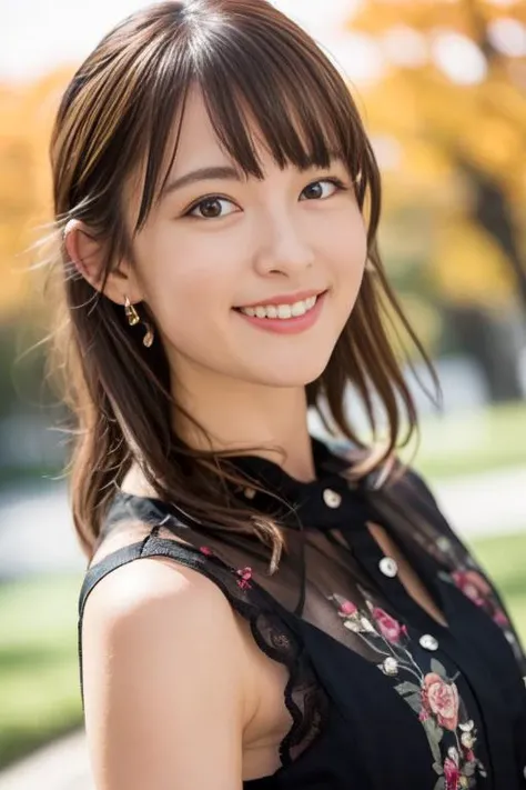 1girl,(wearing a blouse:1.2),(RAW photo, best quality), (realistic, photo-realistic:1.4), masterpiece, an extremely delicate and beautiful, extremely detailed, 2k wallpaper, Amazing, finely detail, extremely detailed CG unity 8k wallpaper, ultra-detailed, highres, soft light, beautiful detailed girl, extremely detailed eyes and face, beautiful detailed nose, beautiful detailed eyes,cinematic lighting,autumn scenery,park,by a lake,perfect anatomy,slender body,smiling <lora:komatsumikako_lora:0.8>,full body
