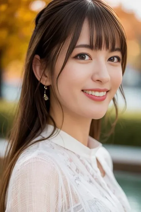 1girl,(wearing a blouse:1.2),(RAW photo, best quality), (realistic, photo-realistic:1.4), masterpiece, an extremely delicate and beautiful, extremely detailed, 2k wallpaper, Amazing, finely detail, extremely detailed CG unity 8k wallpaper, ultra-detailed, highres, soft light, beautiful detailed girl, extremely detailed eyes and face, beautiful detailed nose, beautiful detailed eyes,cinematic lighting,autumn scenery,park,by a lake,perfect anatomy,slender body,smiling <lora:komatsumikako_lora:0.8>,full body