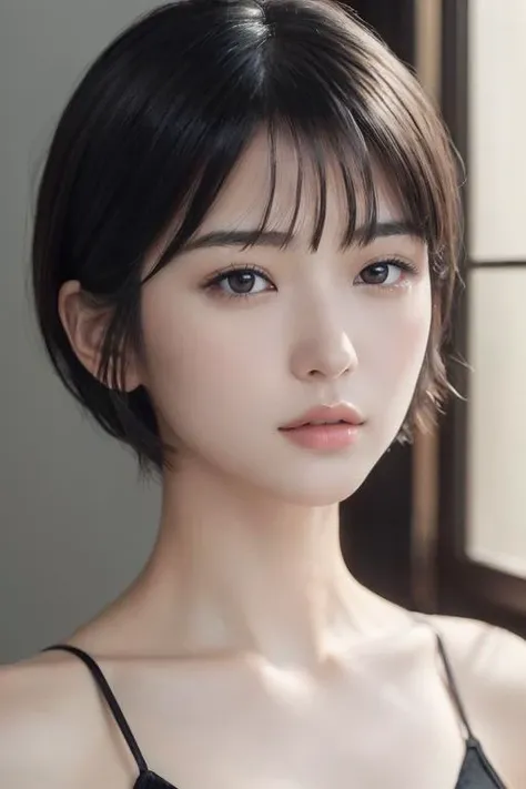 (masterpiece:1.3), (8k, photorealistic, RAW photo, best quality: 1.4), japanese, (1girl), beautiful face, (realistic face), (black hair, short hair:1.3), beautiful hairstyle, realistic eyes, beautiful detailed eyes, (realistic skin), beautiful skin, attractive, ultra high res, ultra realistic, highly detailed, golden ratio,