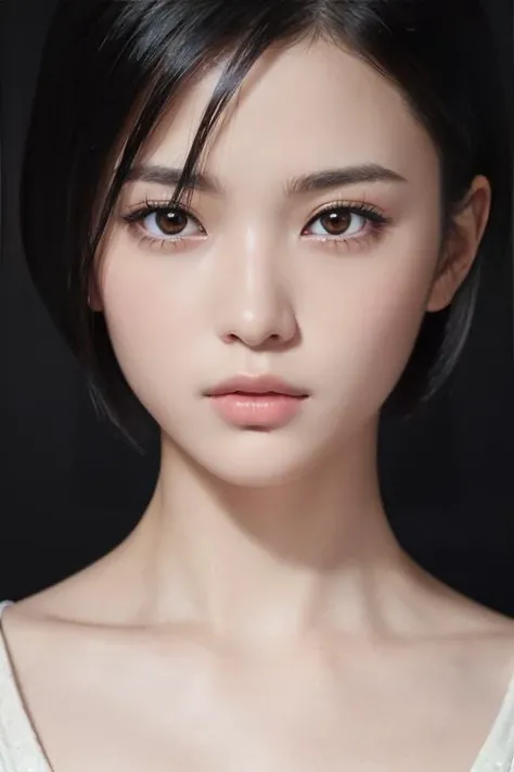 masterpiece,Highest quality,One girl,Very detailed,Improves skin quality,Ultra-high resolution,Very delicate,super high quality,Detailed face,Beautiful Eyes,(short hair:1.3),Beautiful Nose,Off the shoulder,Exposed cleavage,looking at the camera,((Dark Background)),Detailed lighting,Shining Model,Emphasize the chest,Shiny skin,