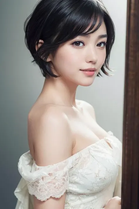 (masterpiece:1.3), (8k, photorealistic, RAW photo, best quality: 1.4), japanese, (1girl), beautiful face, (realistic face), (black hair, short hair:1.3), beautiful hairstyle, realistic eyes, beautiful detailed eyes, (realistic skin), beautiful skin, attractive, ultra high res, ultra realistic, highly detailed,smile, looking back,