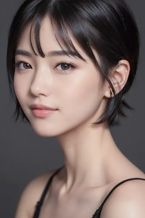 (masterpiece:1.3), (8k, photorealistic, RAW photo, best quality: 1.4), japanese, (1girl), beautiful face, (realistic face), (black hair, short hair:1.3), beautiful hairstyle, realistic eyes, beautiful detailed eyes, (realistic skin), beautiful skin, attractive, ultra high res, ultra realistic, highly detailed,smile, from bach