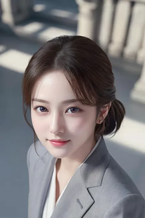 ((masterpiece:1.4, best quality)), ((masterpiece, best quality)),  (photo realistic:1.4),  professional lighting, physically-based rendering, very cute, extremely detailed eyes and face, eyes with beautiful details, (beautiful japanese girl:1.05),  <lora:JapaneseDollLikeness_v15:0.4>, face focus, from above, smile, grey suit