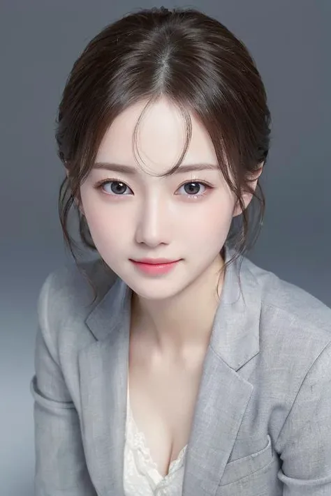 ((masterpiece:1.4, best quality)), ((masterpiece, best quality)), (photo realistic:1.4), professional lighting, physically-based rendering, very cute, extremely detailed eyes and face, eyes with beautiful details, (beautiful japanese girl:1.05), <lora:JapaneseDollLikeness_v15:0.4>, face focus, from above, smile, grey suit