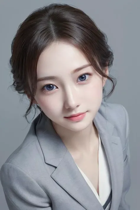 ((masterpiece:1.4, best quality)), ((masterpiece, best quality)), (photo realistic:1.4), professional lighting, physically-based rendering, very cute, extremely detailed eyes and face, eyes with beautiful details, (beautiful japanese girl:1.05), <lora:JapaneseDollLikeness_v15:0.4>, face focus, from above, smile, grey suit