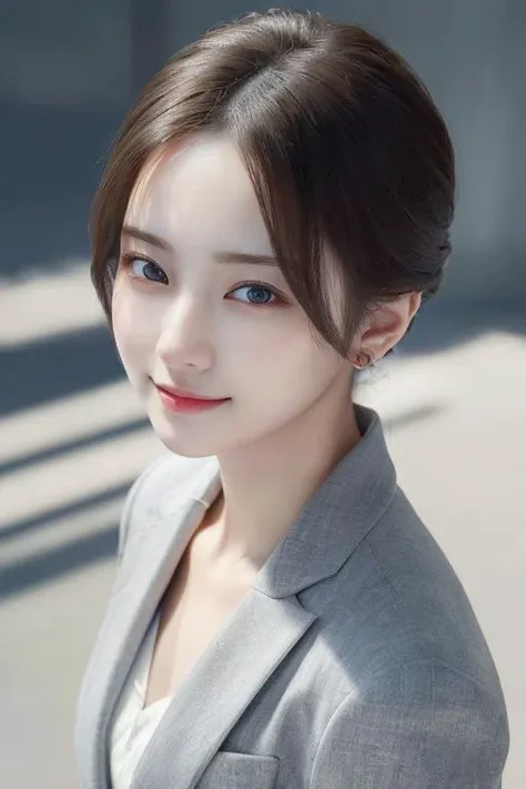 ((masterpiece:1.4, best quality)), ((masterpiece, best quality)),  (photo realistic:1.4),  professional lighting, physically-based rendering, very cute, extremely detailed eyes and face, eyes with beautiful details, (beautiful japanese girl:1.05),  <lora:JapaneseDollLikeness_v15:0.4>, face focus, from above, smile, grey suit