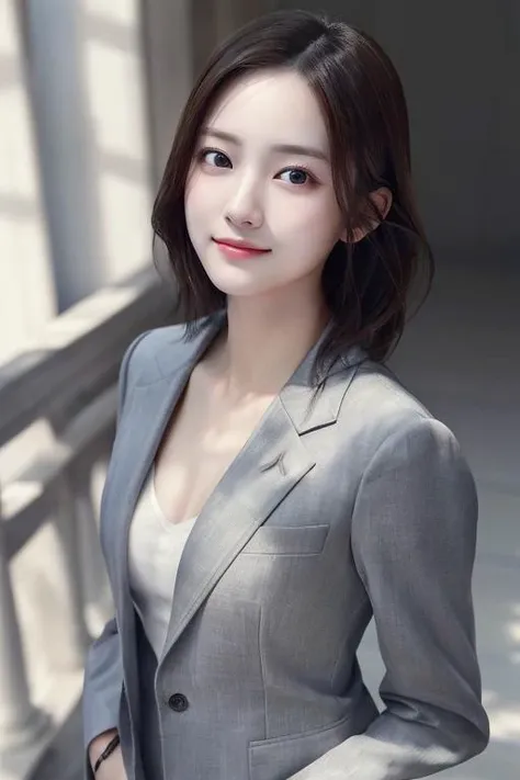 ((masterpiece:1.4, best quality)), ((masterpiece, best quality)), (photo realistic:1.4), professional lighting, physically-based rendering, very cute, extremely detailed eyes and face, eyes with beautiful details, (beautiful japanese girl:1.05), <lora:JapaneseDollLikeness_v15:0.4>, face focus, from above, smile, grey suit