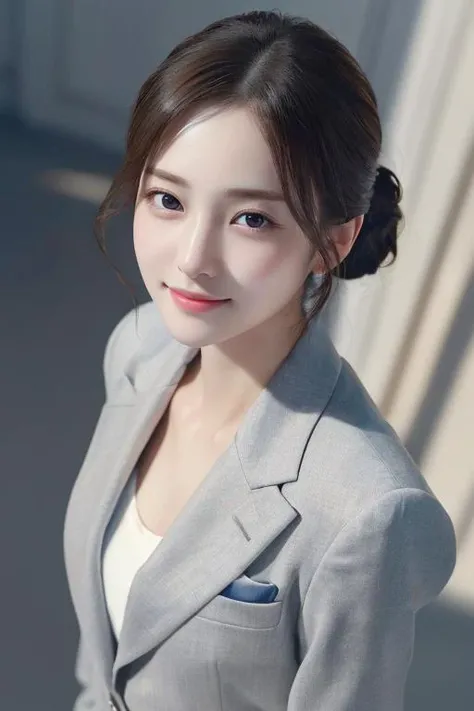 ((masterpiece:1.4, best quality)), ((masterpiece, best quality)),  (photo realistic:1.4),  professional lighting, physically-based rendering, very cute, extremely detailed eyes and face, eyes with beautiful details, (beautiful japanese girl:1.05),  <lora:JapaneseDollLikeness_v15:0.4>, face focus, from above, smile, grey suit