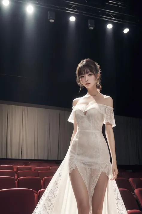 masterpiece, best quality, highres,1girl, japanese,fashion model posing,side slit lace dress,off shoulder,cleavage,ballroom, empty theater stage, after the show, quiet, spotlight, curtains, performance, atmosphere, solitude