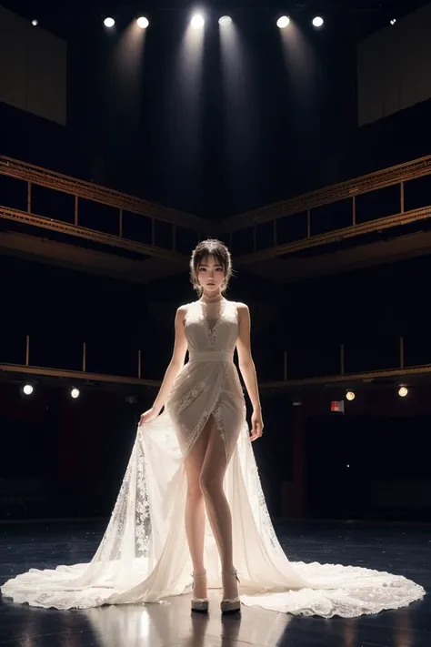 masterpiece, best quality, highres,1girl, japanese,fashion model posing,side slit lace dress,ballroom, empty theater stage, after the show, quiet, spotlight, curtains, performance, atmosphere, solitude