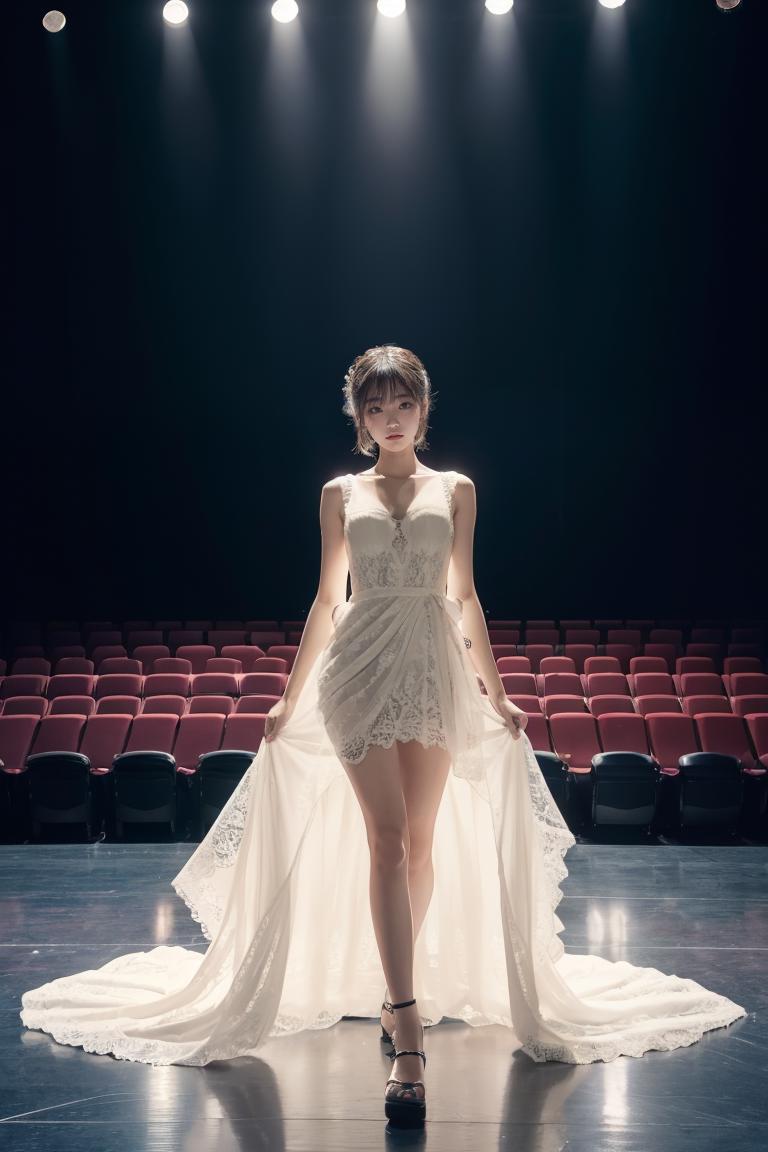 A woman in a white dress standing on a stage with a dress on - SeaArt AI