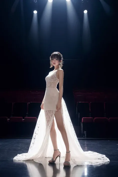 masterpiece, best quality, highres,1girl, japanese,fashion model posing,side slit lace dress,ballroom, empty theater stage, after the show, quiet, spotlight, curtains, performance, atmosphere, solitude