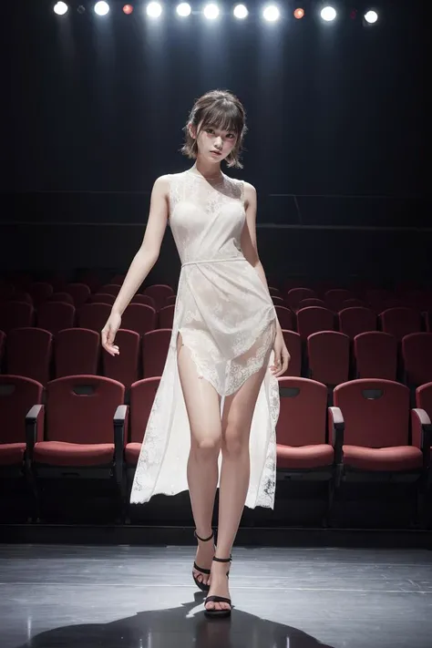 masterpiece, best quality, highres,1girl, japanese,fashion model posing,side slit lace dress,ballroom, empty theater stage, after the show, quiet, spotlight, curtains, performance, atmosphere, solitude