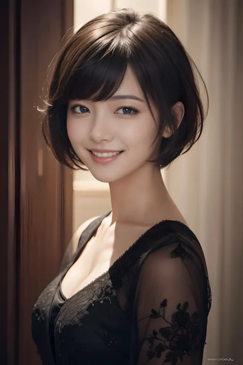 masterpiece, best quality, highres,8k, portrait, highly detailed,beautiful black  short hair, digital photography,dynamic lighting,smile,