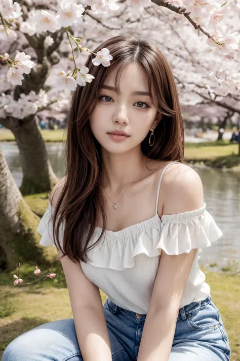 masterpiece, best quality, highres,<lora:flat2:-1>
(face close-up:1.1), (a young and stunning Japanese woman sitting gracefully under a cherry blossom tree:1.2), (her silky hair playfully tousled by the gentle breeze:0.8), (mesmerizing gaze as she looks up at the serene forest:1.0), (wearing a chic and casual off-shoulder top:0.7), (complemented by fashionable high-waisted jeans with subtle knee rips:0.9), (a stack of dainty bracelets adorning her wrist:1.1), (a delicate chain necklace with a sakura charm:0.7), (subtle jingling sound as she moves:1.0), (natural and fresh makeup accentuating her youthful radiance:1.3), (long and dark eyelashes framing her mesmerizing eyes:1.1), (rosy cheeks and a soft pink lip:1.0), (effortless and confident demeanor:0.8), (surrounded by swirling cherry blossom petals:1.2), (radiating charm and beauty amidst the enchanting scenery:1.1).