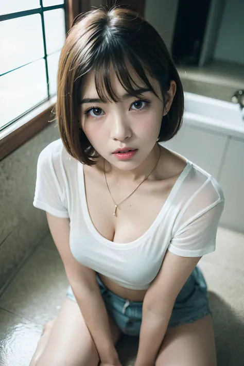 (4k, RAW photo, best quality, masterpiece:1.2), ultra high res, (photo realistic:1.2), High detail RAW color photo, professional photograph, (realistic, photo realistic:1.4), ((best quality)),japanese girl,face focus,short hair,shiny skin,(casual clothes:1.1),(cum in pussy:1.2),crying, toilet,lying on floor,pubic hair,necklace