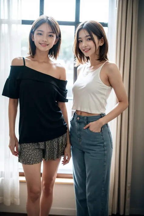 medium (shoulder-length:1.2) messy hair, (4k, RAW photo, best quality, masterpiece:1.2),2girls,casual clothes,standing ageinst the curtains,dynamic pose,smile,looking at viewer