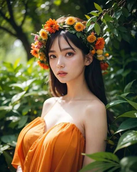 highly detailed face, sharp focus, cinematic shot, best quality, HDR, raw photo, film grain, cinestill 50d , anamorphic lens , 35mm lens , sci-fi movie scene, cinematic lighting, Cinemascope ,
(masterpiece, best quality:1.5), ultra realistic,32k,RAW photo,(high detailed skin:1.2), 8k uhd, dslr, soft lighting, high quality,
Mysterious woman, vibrant orange dress, large floral headdress, wild branches, scattered flowers, high-resolution photography, digital art, surrealist, ethereal, fantastical, high fashion editorial, Tim Walker-inspired staging, Vogue editorial style, ultra-sharp focus, high definition, mystical, dream-like quality, otherworldly atmosphere, iridescent golds, lush greens, vibrant orange, pastel mists, multicolored smoke, soft diffused lighting, ethereal glow, high contrast with shadows.