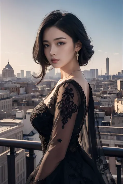 masterpiece, best quality, highres,8k, portrait,beautiful black hair, intricate, elegant, highly detailed, majestic, digital photography, cityscape