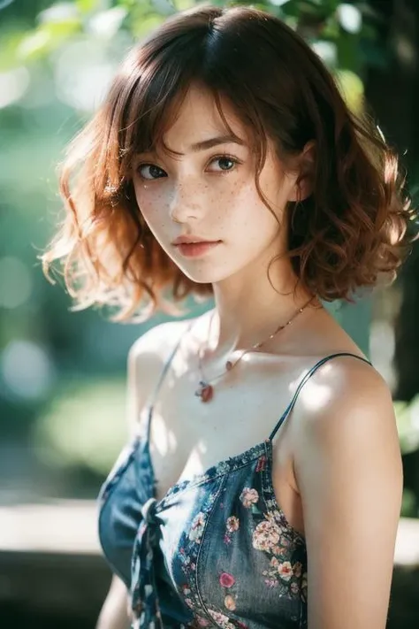 (masterpiece, best quality), 1girl, collarbone, curly hair, looking at viewer, full face, blurry foreground, upper body, necklace, contemporary, jeans, ((intricate, print, floral)),tied hair, freckles, red hair, dappled sunlight, closed mouth,   ARTSTYLE_AromaSensei_ownwaifu,