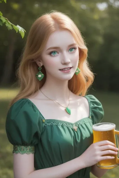 best quality, professional lighting,natural light, super detailed, realistic,detailed face, a fairytale scene, St.Patrick's Day,1girl,kawaii,20 yo,pale skin, dark green eyes, ginger hair, makeup, earrings, green dress, clover necklace, ireland,green circlet,looking at viewer,sfw,adorable smiling,outdoor ,(holding beer), upper body <lora:valkyrienodensetsu_valkyrie:0.6> vndvalkyrie,