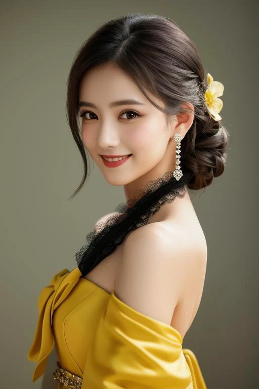 Korean Girls, 18-year-old, A stunning face, Wearing a bright yellow gown, Half-body shot for an elegant look, Taken with high resolution photos. Gray blurry background, Improve image resolution and detail. The girl smiles gently, Her eyes shine like stardust, Adding glamour to ultra-realistic captures. bust, What'Hiding under a black dress?, Show off your perfect anatomy. The soft light of nature envelops the scenery., Create a white aura around the girl