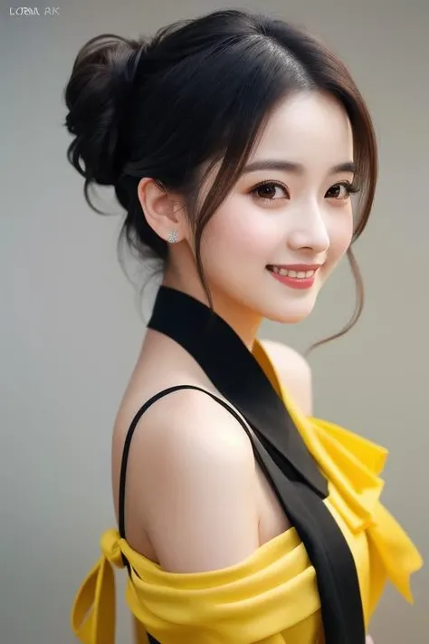 photo of beautiful (4l4n4bc:0.99), a woman with perfect hair upsweep updo, wearing (shoulder sash:1.1), (plain yellow background:1.1), modelshoot style, (extremely detailed CG unity 8k wallpaper), professional majestic photography, ((smiling:1.2)), (Leica M6 Camera), 24mm, exposure blend, hdr, faded, extremely intricate, High (Detail:1.1), Sharp focus, dramatic, soft cinematic light, (looking at viewer), (detailed pupils), 4k textures, soft cinematic light, adobe lightroom, photolab, elegant, ((((cinematic look)))), soothing tones, insane details, hyperdetailed, low contrast