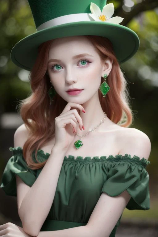 best quality, professional lighting, natural light, super detailed, realistic, beautiful detailed eyes,a fairytale scene, St.Patrick's Day,1girl, 18 yo,kawaii,pale skin, green eyes, ginger hair, makeup, earrings, green dress, clover necklace, ireland,cowboy shot,smile,green top hat,looking at viewer,arms up, grabbing hat, <lora:concept_handonownchin:1> hand on own chin