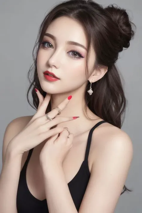 2 beautiful girls, 20 years old, random color deep v neck tank Top, nipple slip, ((medium breast)), (((masterpiece))), ((best quality)), award winning, Original Photo, Realisticity,(Radom simple color background:1.35), slender figure ,beautiful face,perfect detailed hands, perfect detailed fingers,((real skin texture)),(well-proportioned hands),((different face:1.4)),((different girl:1.2)),makeup foundation, eyeliner, eyelashes,random color lipstick, random color nail polish, earring, rings, random color Hair,hair bun,hair over eyes, (((kissing)))