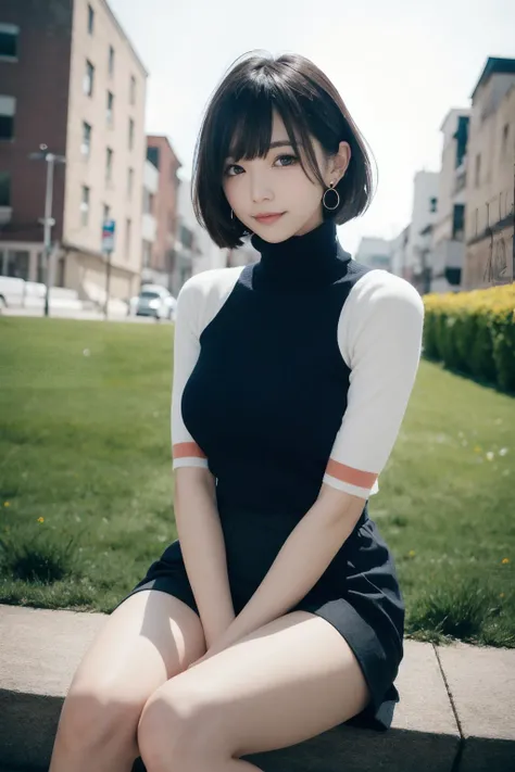 masterpiece, best quality, highres, 1girl, 1girl, panties, solo, white panties, sitting, outdoors, high heels, jewelry, looking at viewer, sleeveless, earrings, skirt, grass, breasts, building, sleeveless sweater, short hair, white footwear, bangs, pantyshot, blue eyes, white panties, sweater, day, bare shoulders, black hair, smile, knees up, blush, blurry, lips, turtleneck, black skirt, ribbed sweater, full body, bare legs, black sweater, blurry background, parted lips, arm support, city, flower, miniskirt, medium breasts, legs, sleeveless turtleneck, thighs, purple eyes, sleeveless shirt,
(indirect lighting),