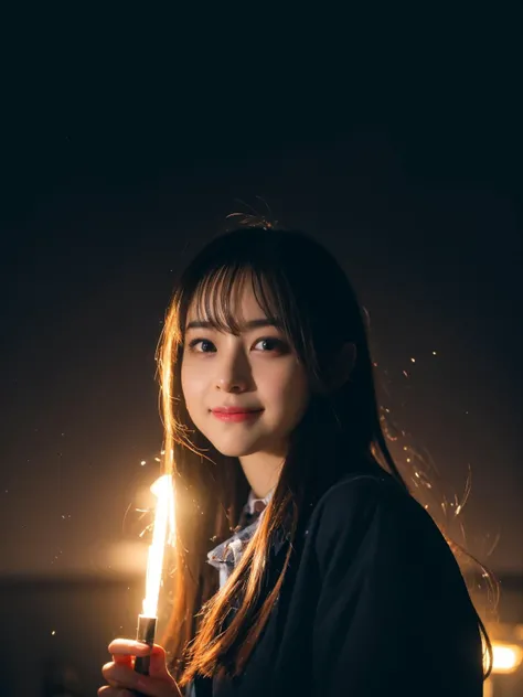 best quality, masterpiece, highres, extremely detailed 8k wallpaper, 1girl, in the dark, (hamabe), bob hair, innocent face, smile, dramatic light, particle emitters, vivid colours, romanticism, depth_of_field, light_particles, colorful, high contrast, atmospheric