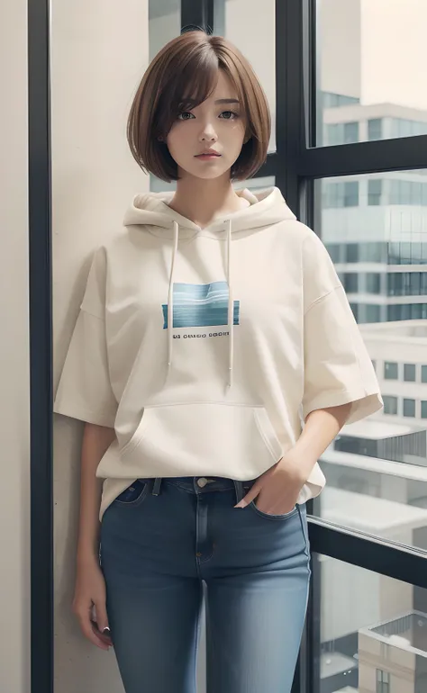1girl, upper body, standing, short hair, brown hair, white hoodie, short sleeves, jeans, indoors, window