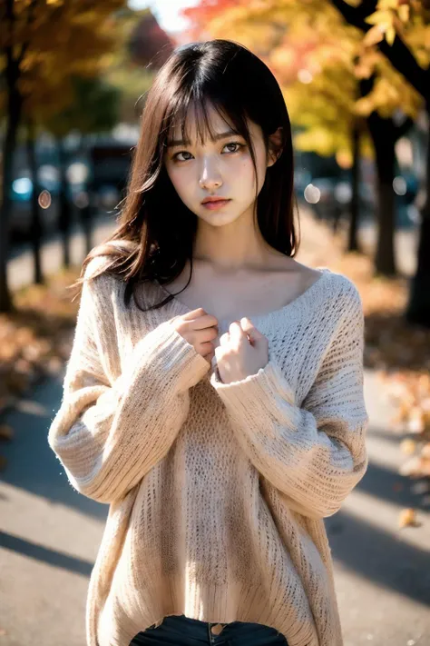 (4k, RAW photo, best quality, masterpiece:1.2),japanese,1girl,autumn leaves, looking at viewer,(sad:1.3),tears drop,oversized sweater,