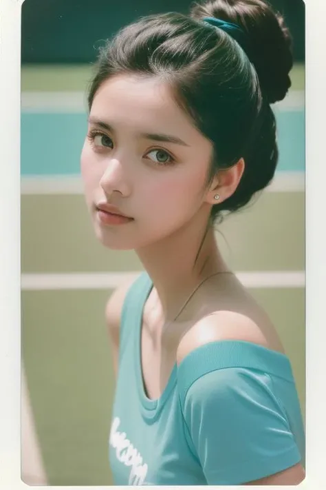 photo of (dem1rmawby:0.99), closeup portrait, perfect hair, hair upsweep updo, posing, (modern photo, one-shoulder Light blue graphic tee), (polaroid frame), 24mm, (analog, film, film grain:1.3), (plain Tennis Court Green background, gradient), ((detailed eyes)), (seductive pose), (epicPhoto)
