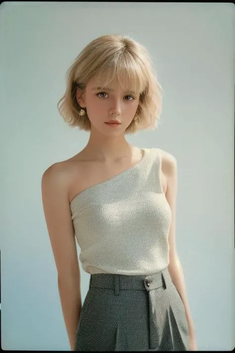 photo of (m4rk1ep0st-130:0.99), a woman, closeup portrait, perfec blonde hair, short 80s haircut, posing, (vintage photo, One-shoulder Top, Skinny Trousers), (closeup portrait), 24mm, (tintype), (analog, film, film grain:1.3), ((plain background, gradient)), ((detailed eyes)), (zoomburst:1.1), (epicPhoto)