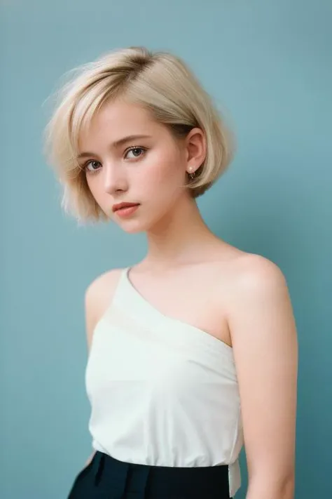 (half body shot), hyper realism, (Photoreal:1.4), 8K, maximum resolution, (masterpiece), very detailed, highest quality, sophisticated facial features, The most beautiful woman in Japan, Detailed beautiful eyes and lips, Canon R5 50mm, Blonde Bob, slim, white silk jumpsuit with deep v-neck, playful, look up, chic, soft moonlight, rooftop garden background, from below, 23 years old,